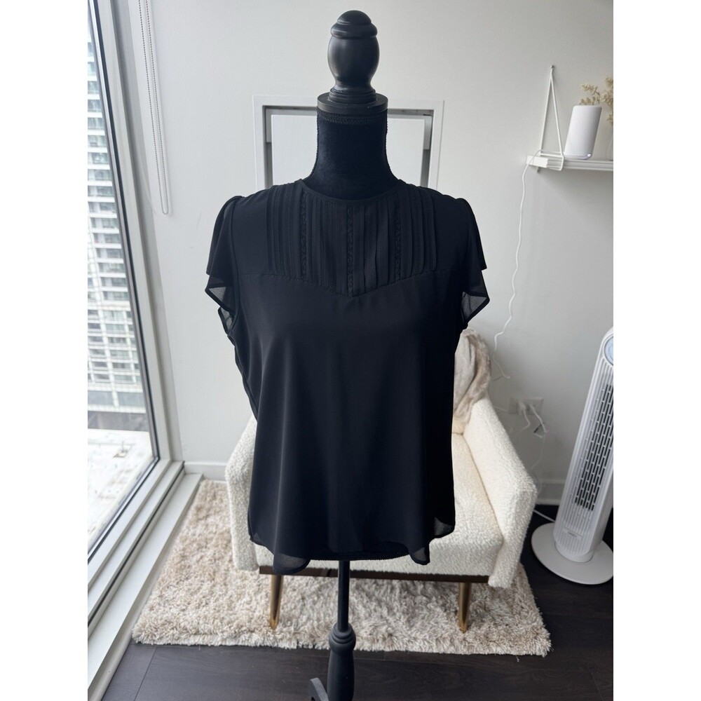 H&M Black Front Yoke Double Layer Flutter Sleeve Blouse Size Medium